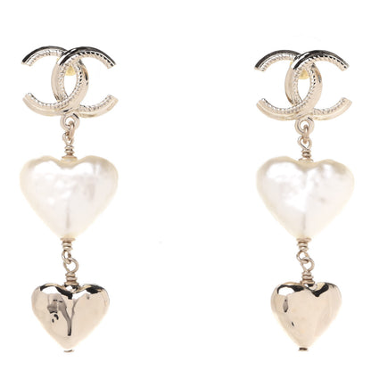 Chanel Pearl CC Double Heart Drop Earrings Gold 1 of 5