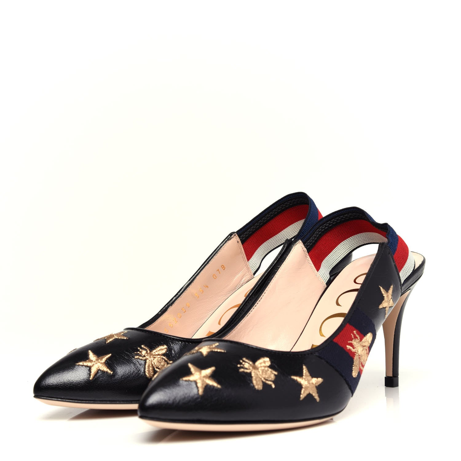 Gucci Calfskin Web Bee Star Embroidered Sylvie Mid Heel Slingback Pumps 35.5 Black 3 of 11