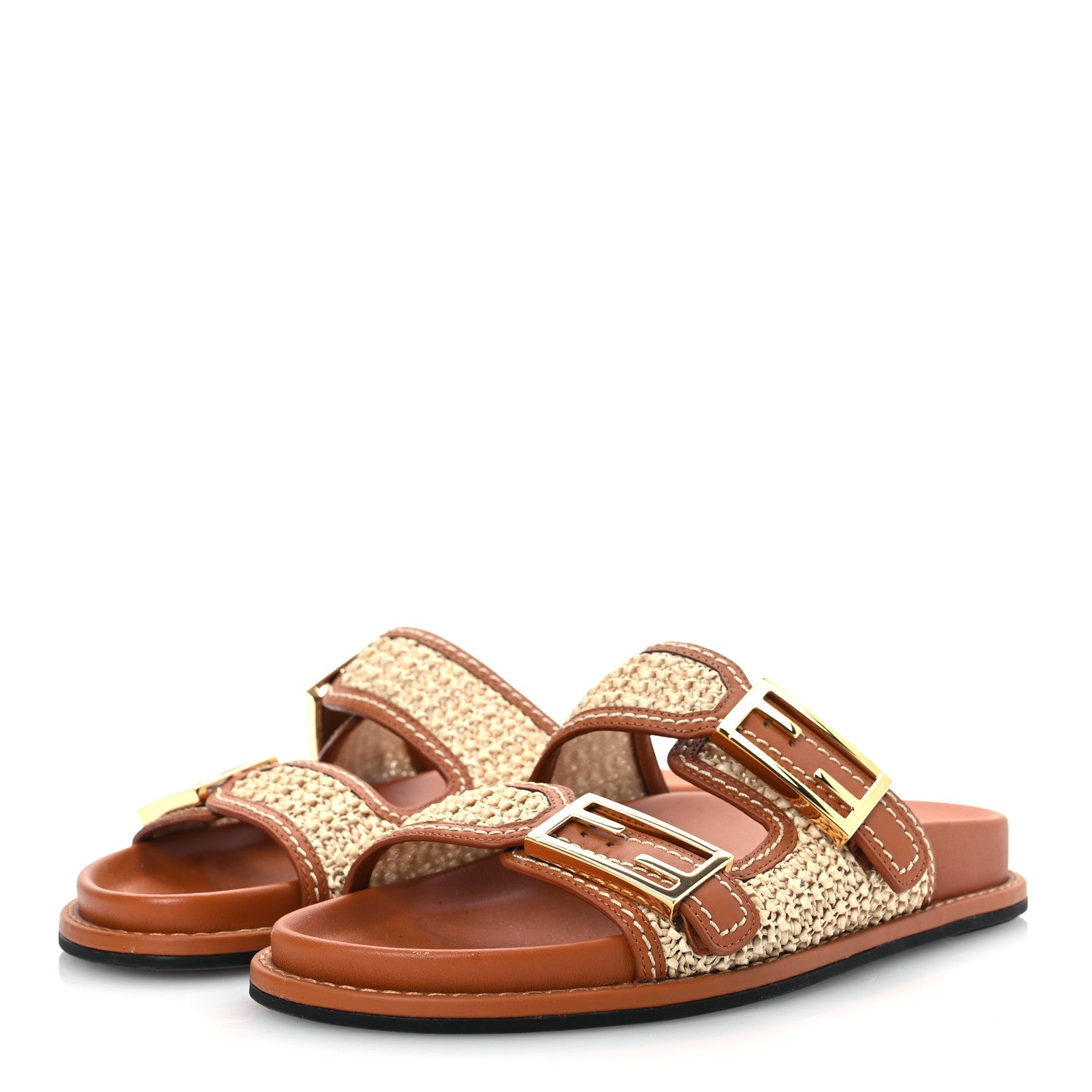 Fendi Raffia Vitello Womens Fendi Feel Buckled Slide Sandals 37 Paglia Brandy 4 of 12