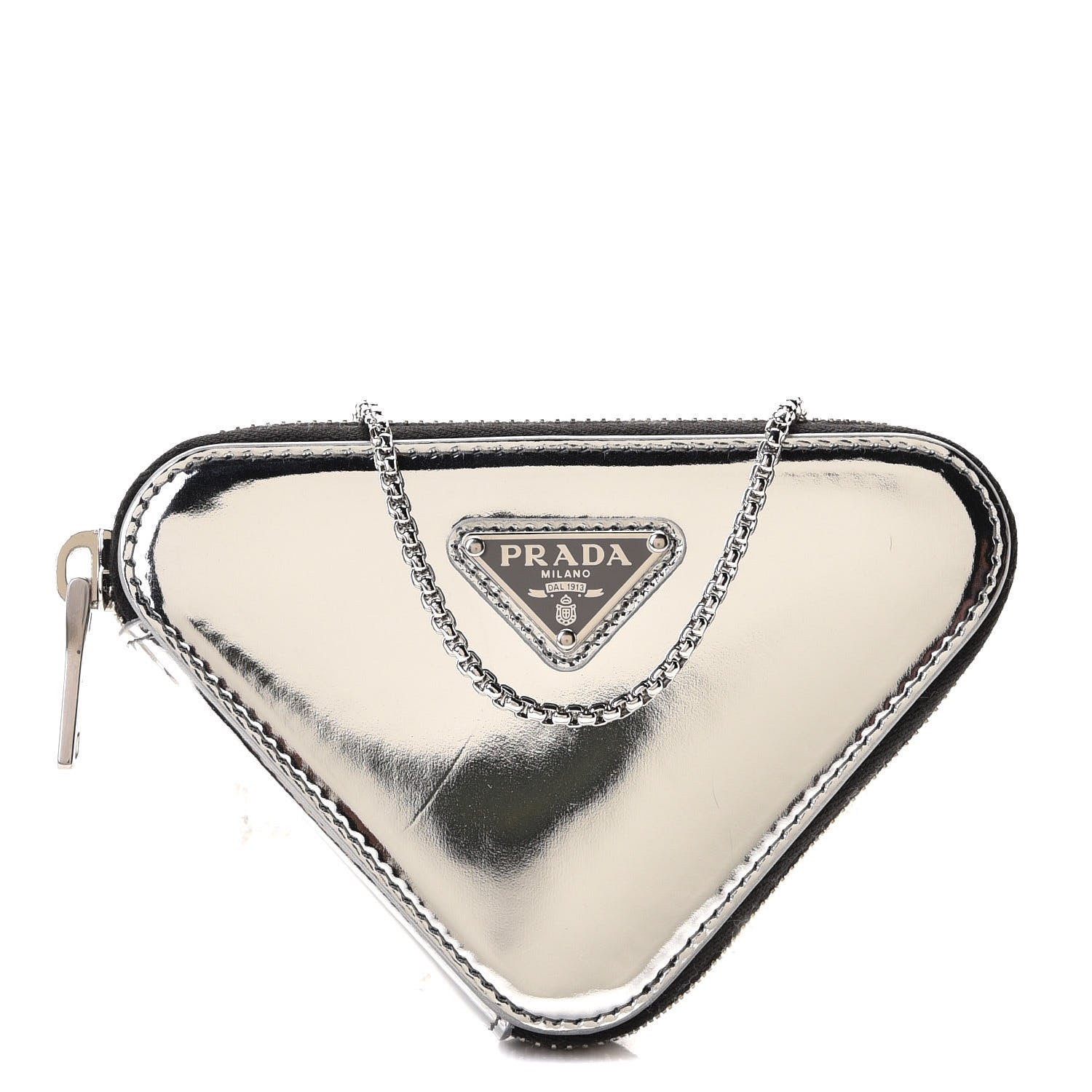 Prada Spazzolato Mini Triangle Chain Crossbody Pouch Argento 1 of 6