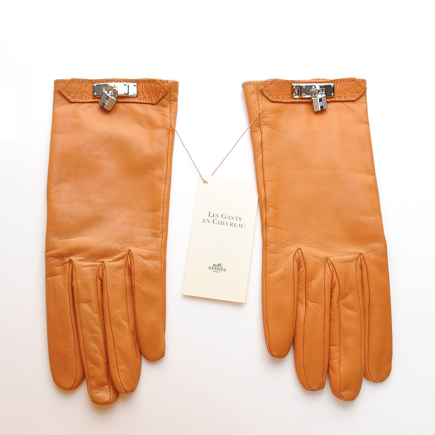 Hermes Lambskin Soya Kelly Lock Gloves 7.5 Orange 2 of 7