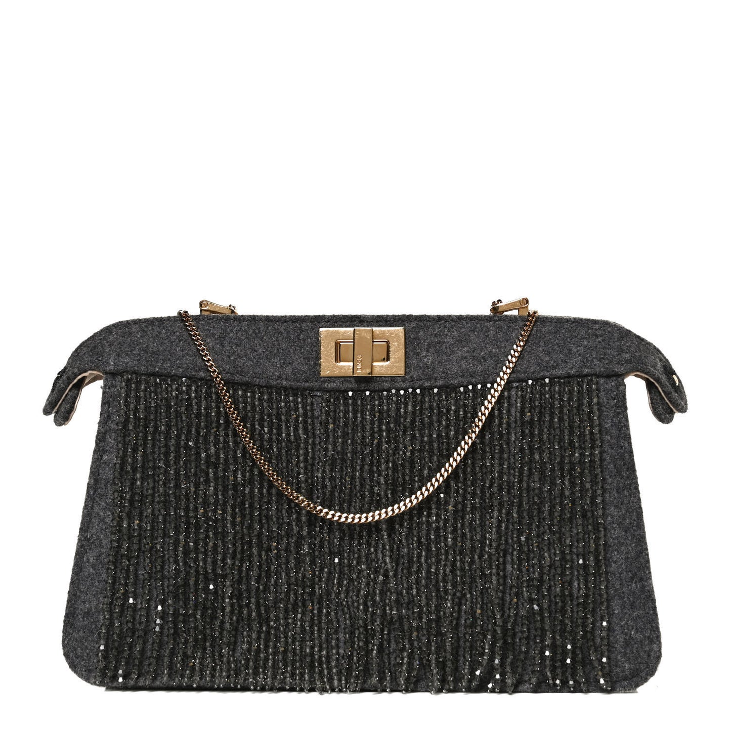 Flannel Bead Embroidered Small Peekaboo I SEE U East West Chain Satchel Grigio Bois de Rose