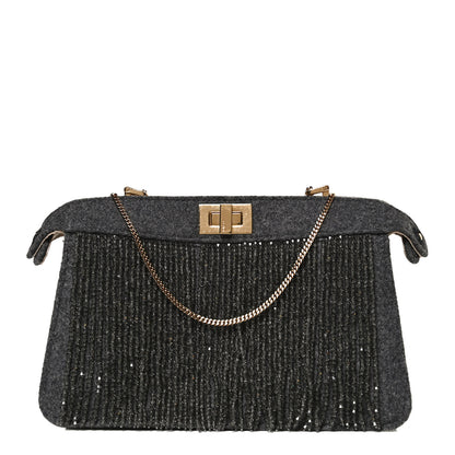 Fendi Flannel Bead Embroidered Small Peekaboo I SEE U East West Chain Satchel Grigio Bois de Rose 1 of 23