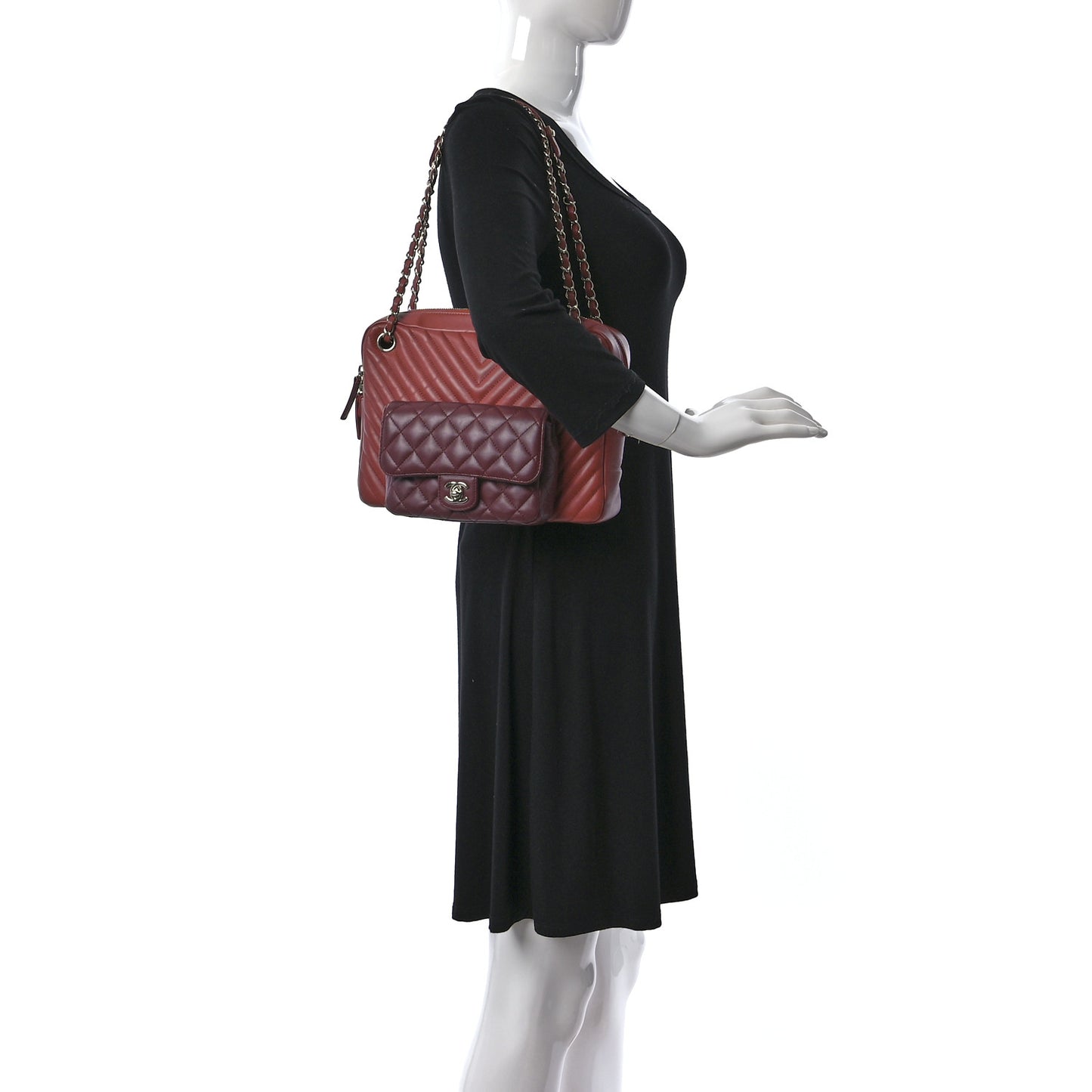 Calfskin Chevron Quilted Double Camera Bag With Flap Red