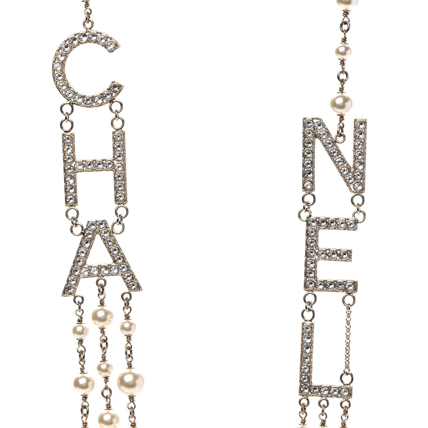Pearl Crystal Cha-Nel Logo Necklace Gold