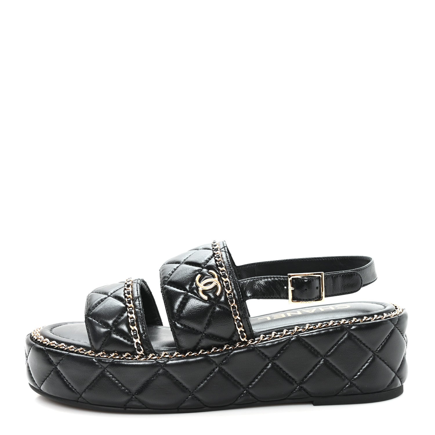 Chanel Shiny Lambskin Quilted Chain Around CC Platform Sandals 39 Black 1 of 10