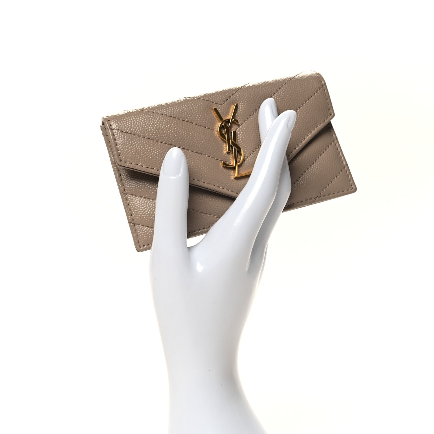 Saint Laurent Grain De Poudre Matelasse Chevron Monogram Compact Wallet Dark Beige 2 of 7