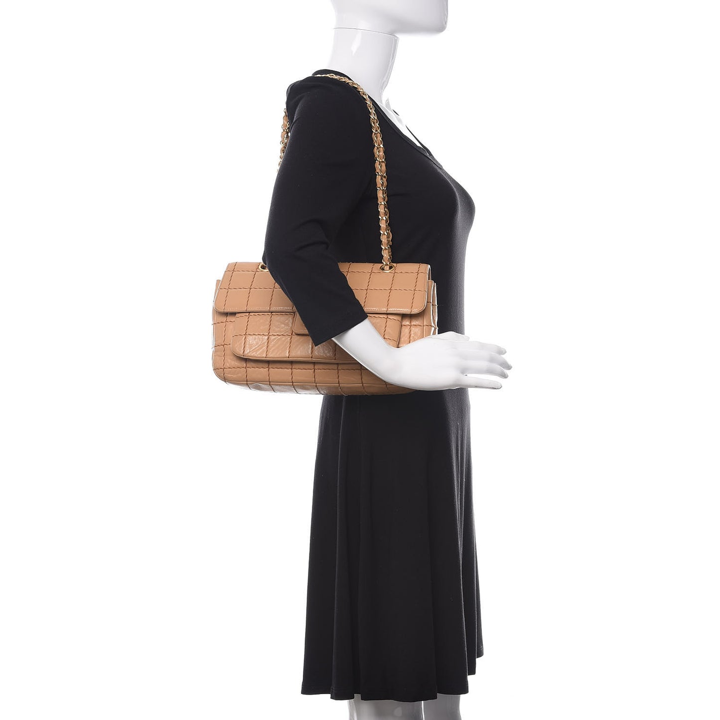 Lambskin Square Double Stitch Flap Beige