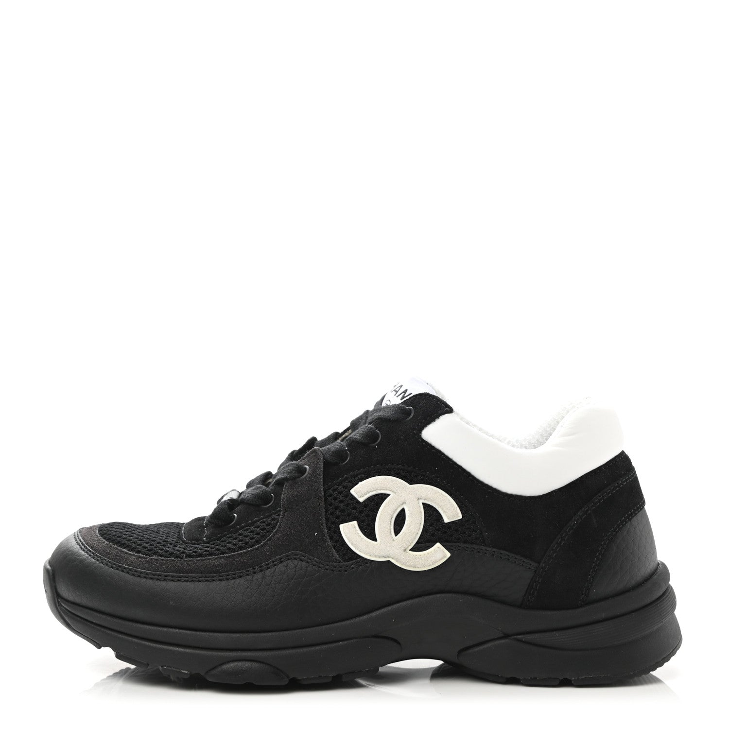 Chanel Mesh Suede Grained Calfskin Womens CC Sneakers 37 Black White 1 of 9