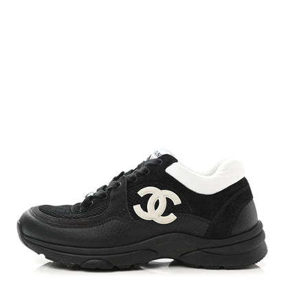 Chanel Mesh Suede Grained Calfskin Womens CC Sneakers 37 Black White 1 of 9