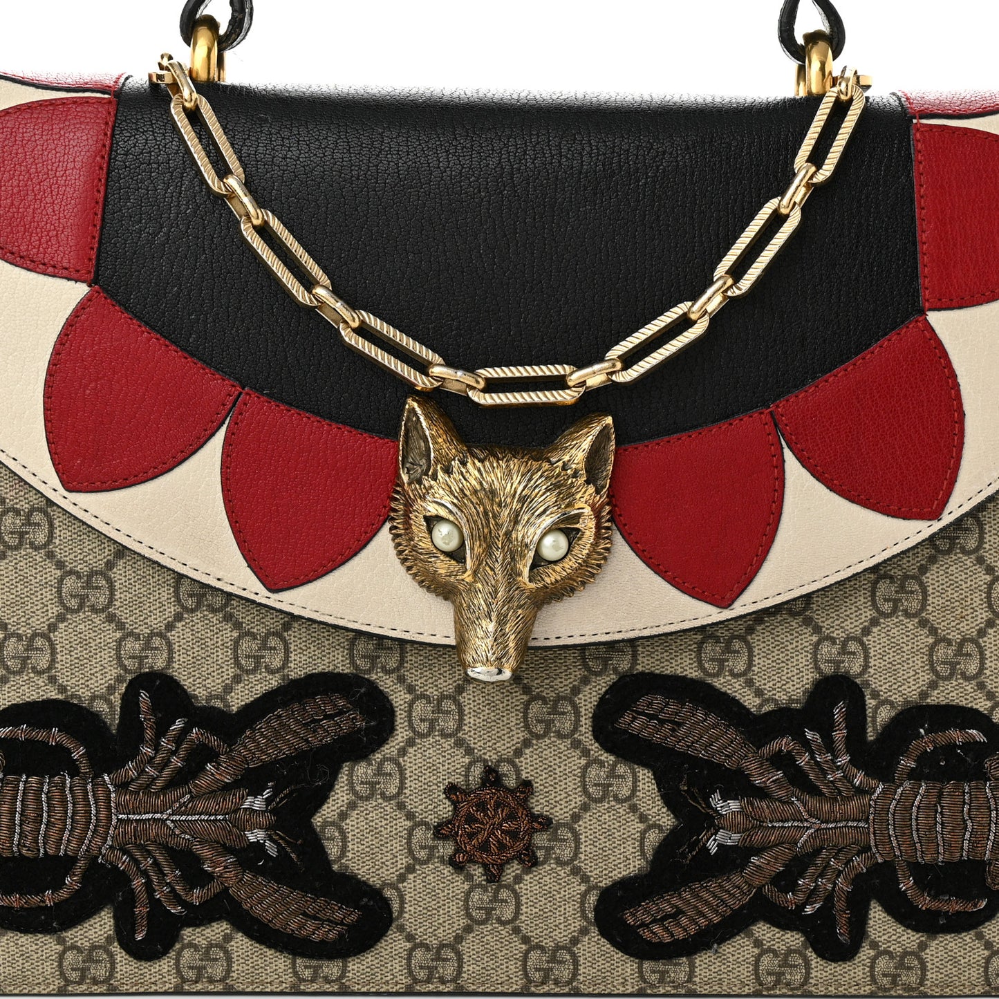 GG Supreme Monogram Goatskin Pearl Embroidered Medium Fox Broche Top Handle Bag Beige Ebony Black Hibiscus Red Mystic White
