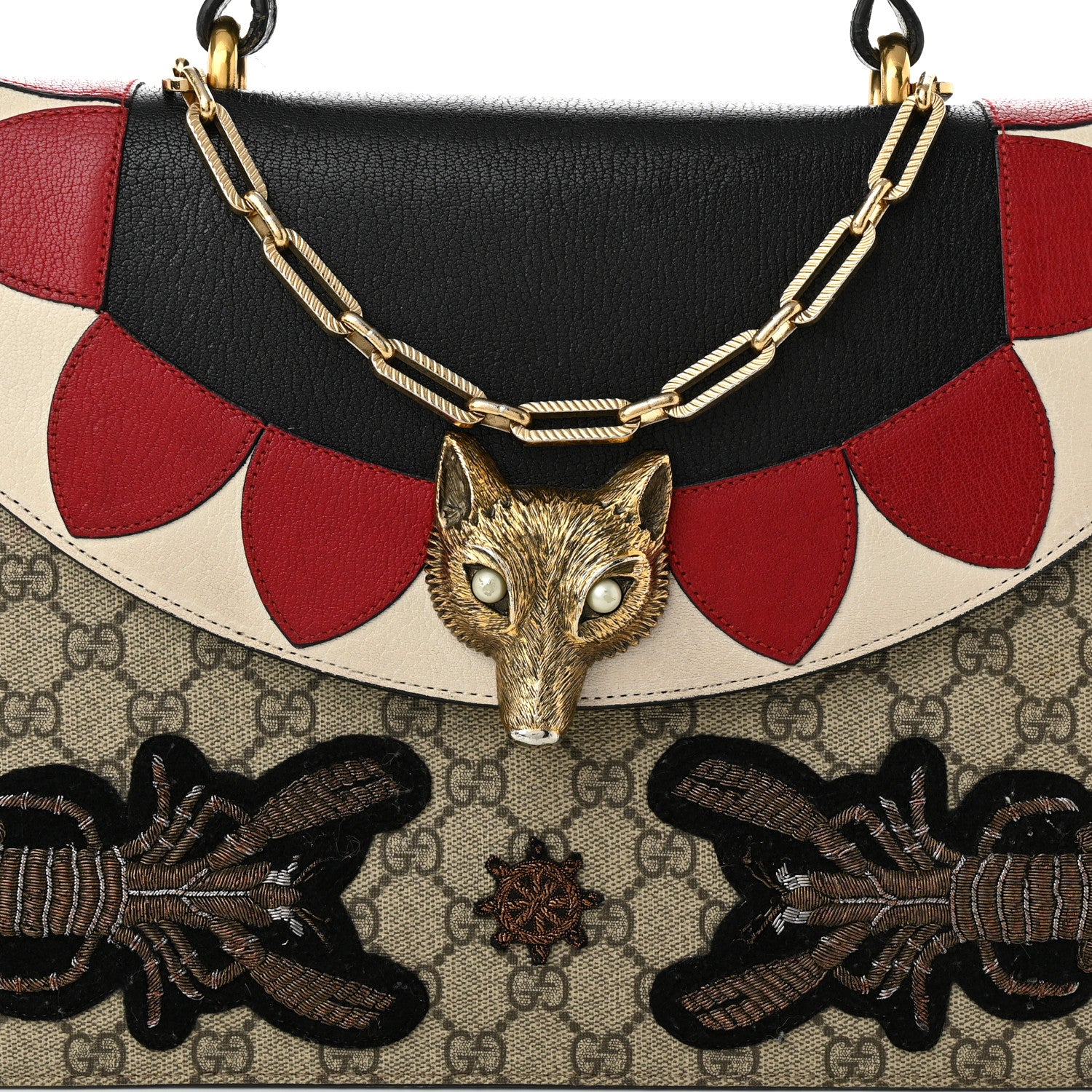 Gucci GG Supreme Monogram Goatskin Pearl Embroidered Medium Fox Broche Top Handle Bag Beige Ebony Black Hibiscus Red Mystic White 8 of 17