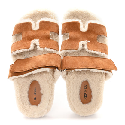 Hermes Suede Goatskin Woolskin Womens Chypre Sandals 38 Brun Fume Ecru 2 of 8