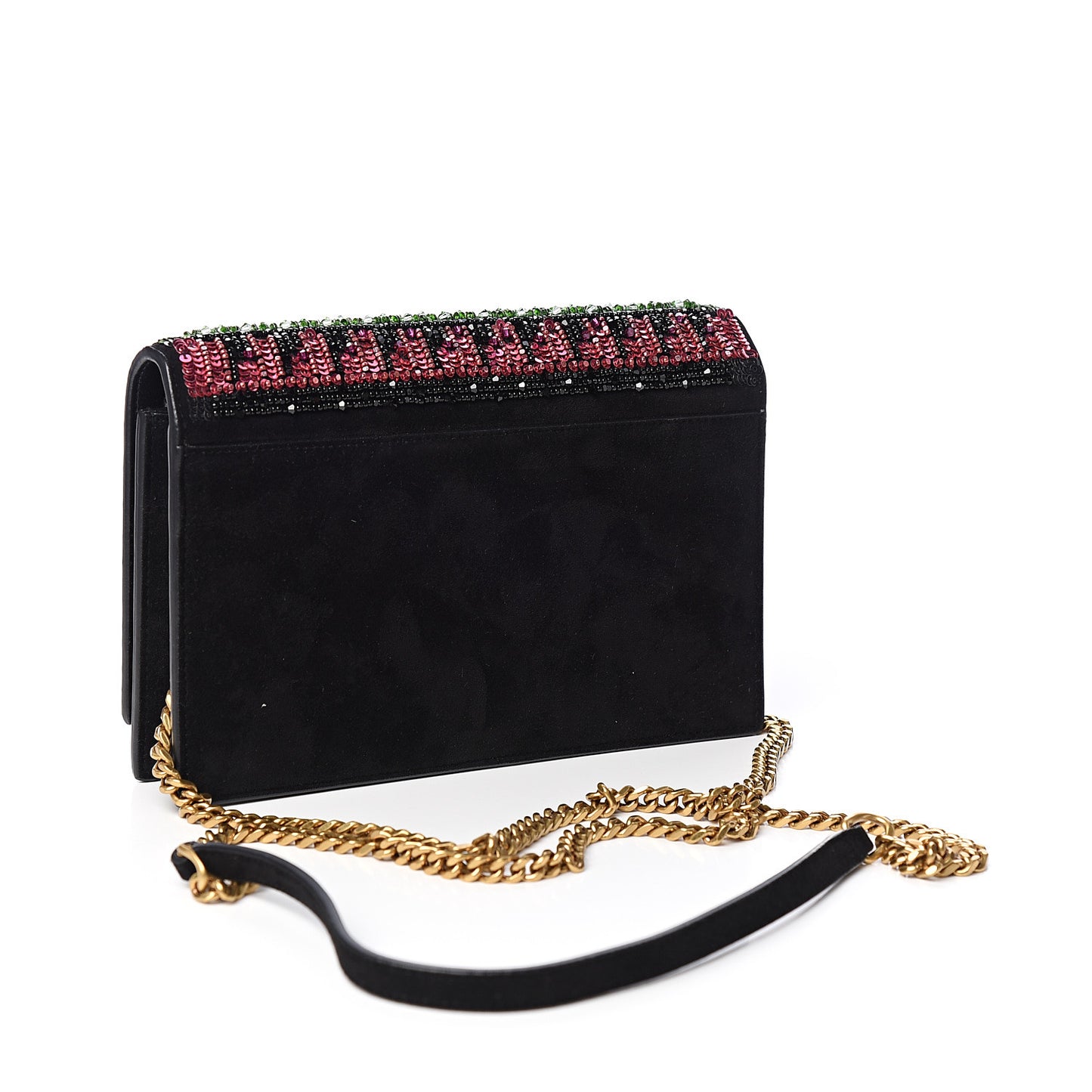 Suede Sequin Bead Embellished Classic Monogram Kate Tassel Chain Wallet Black Multicolor