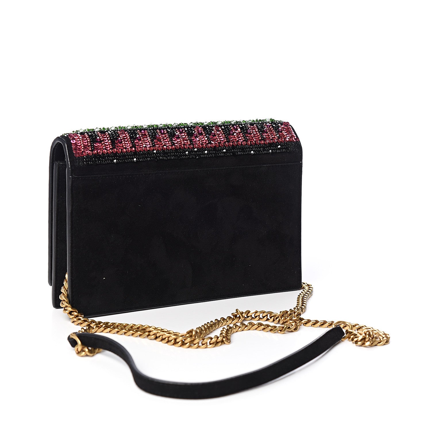 Saint Laurent Suede Sequin Bead Embellished Classic Monogram Kate Tassel Chain Wallet Black Multicolor 2 of 10