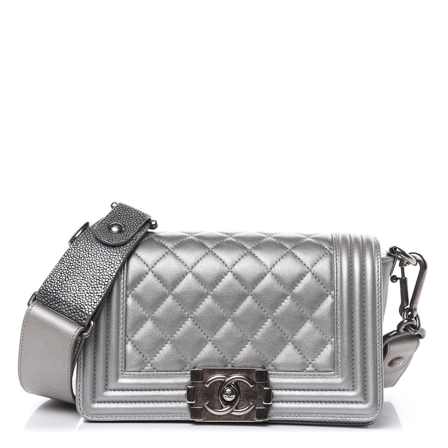 Metallic Lambskin Stingray Quilted Small Boy Flap Silver