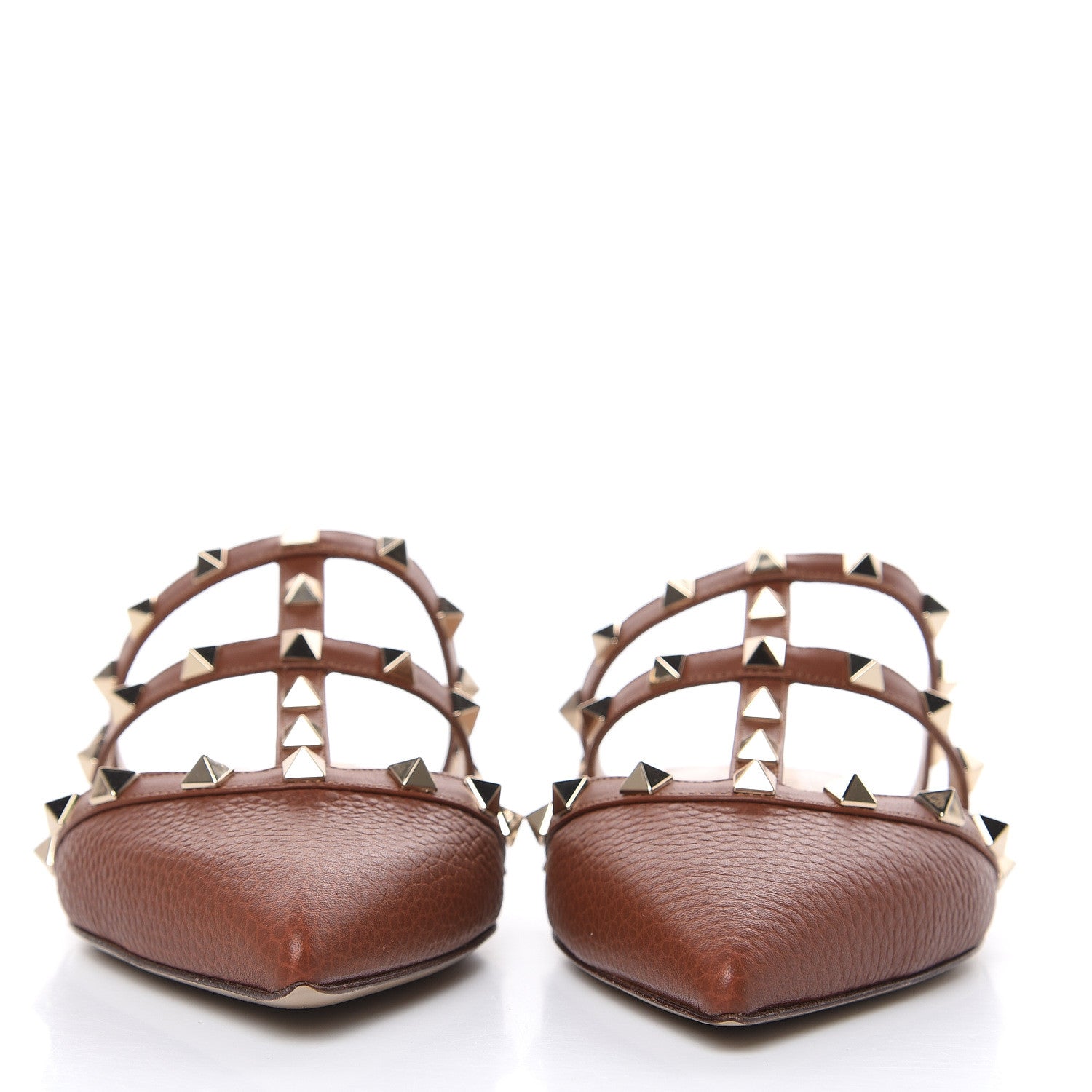 Valentino Garavani Pebbled Calfskin Rockstud Flat Cage Mules 38.5 Saddle Brown 2 of 9