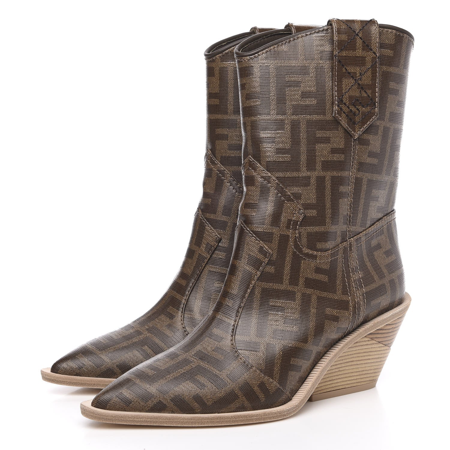 Fendi Glazed Fabric FF 1974 Cutwalk Ankle Boots 36.5 Mogano Panna 3 of 7