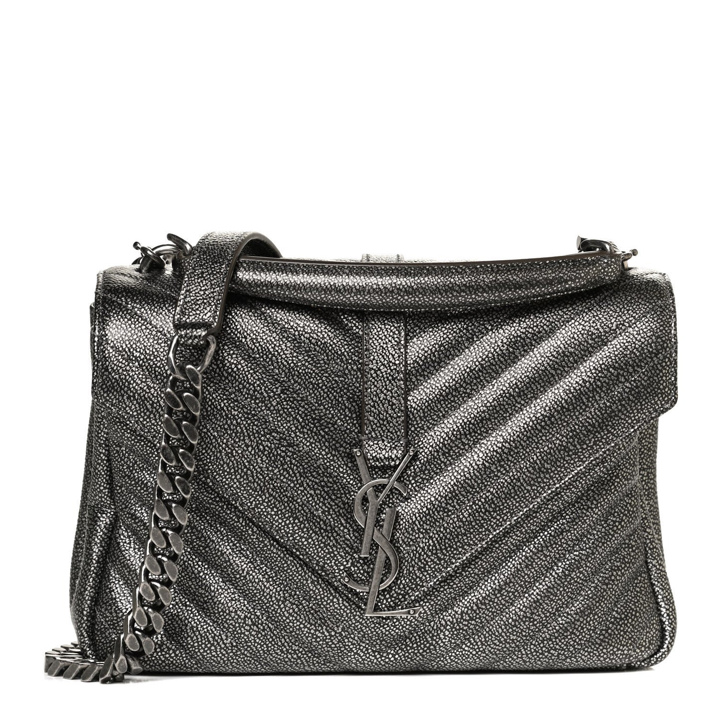 Metallic Grain De Poudre Matelasse Chevron Monogram Medium College Bag Gunmetal