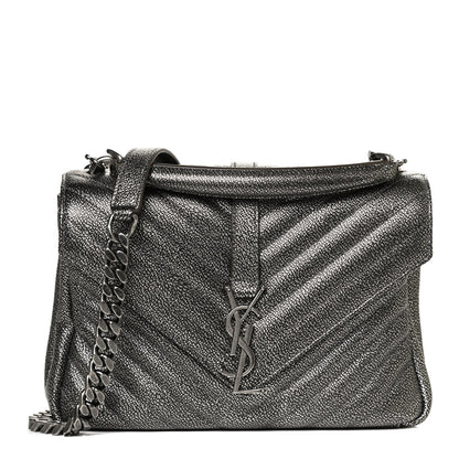 Saint Laurent Metallic Grain De Poudre Matelasse Chevron Monogram Medium College Bag Gunmetal 1 of 12