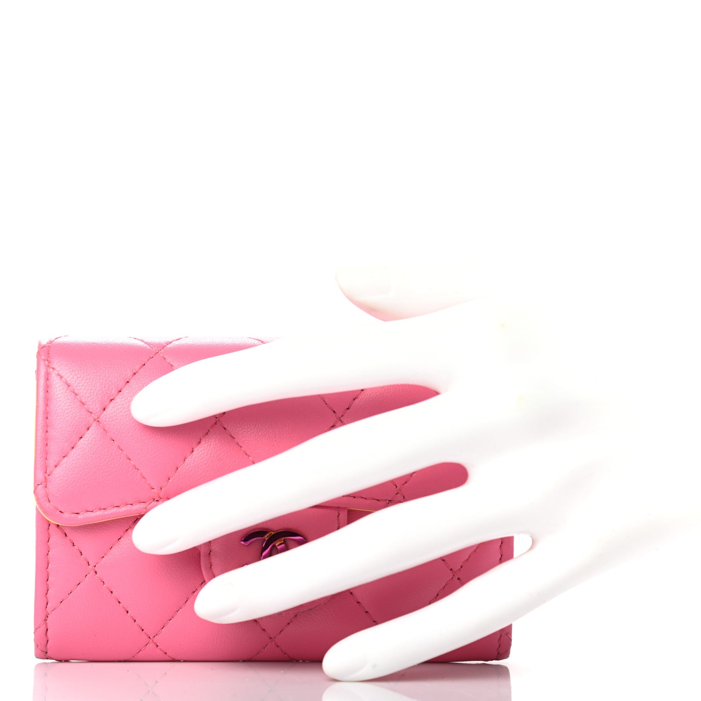 Lambskin Quilted Flap Card Holder Wallet Pink Yellow