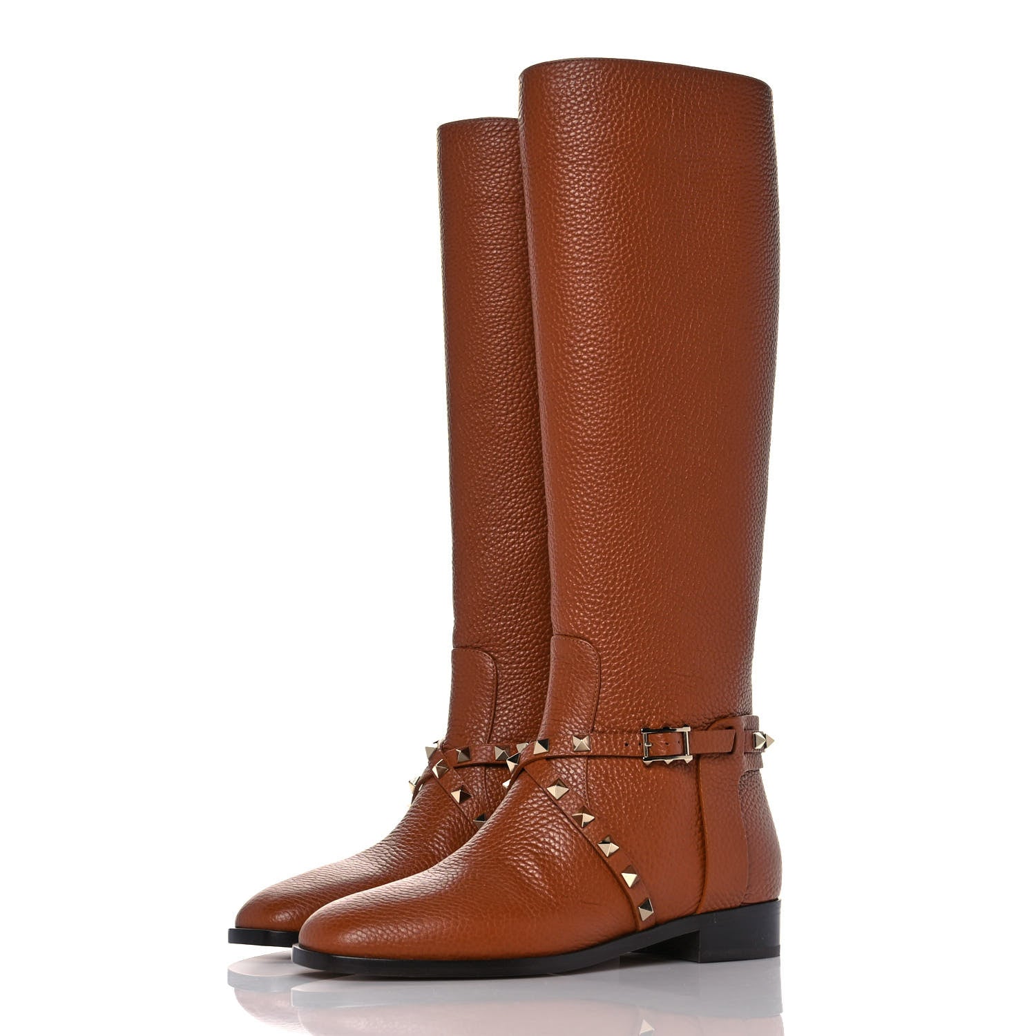 Valentino Garavani Calfskin Rockstud Knee High Flat Boots 36.5 Tan 3 of 6