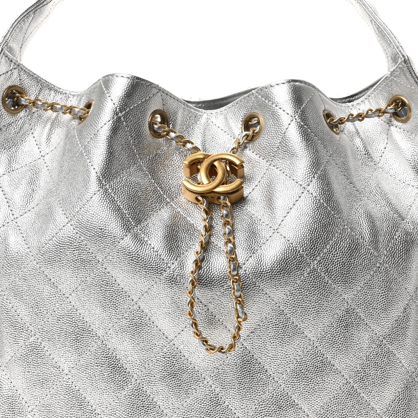 Metallic Caviar Quilted Medium Chanel 25 Handbag Silver
