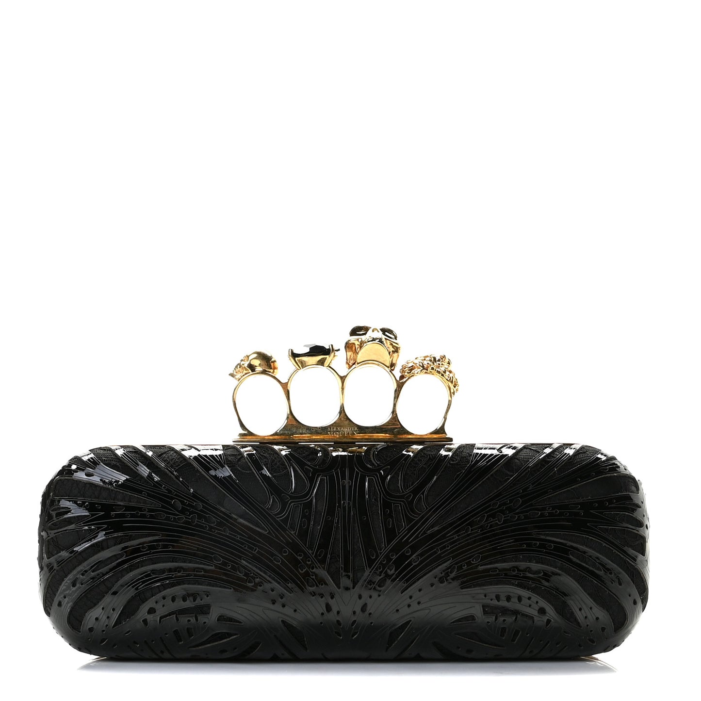Satin Lace Patent Skull Knuckle Box Clutch Black