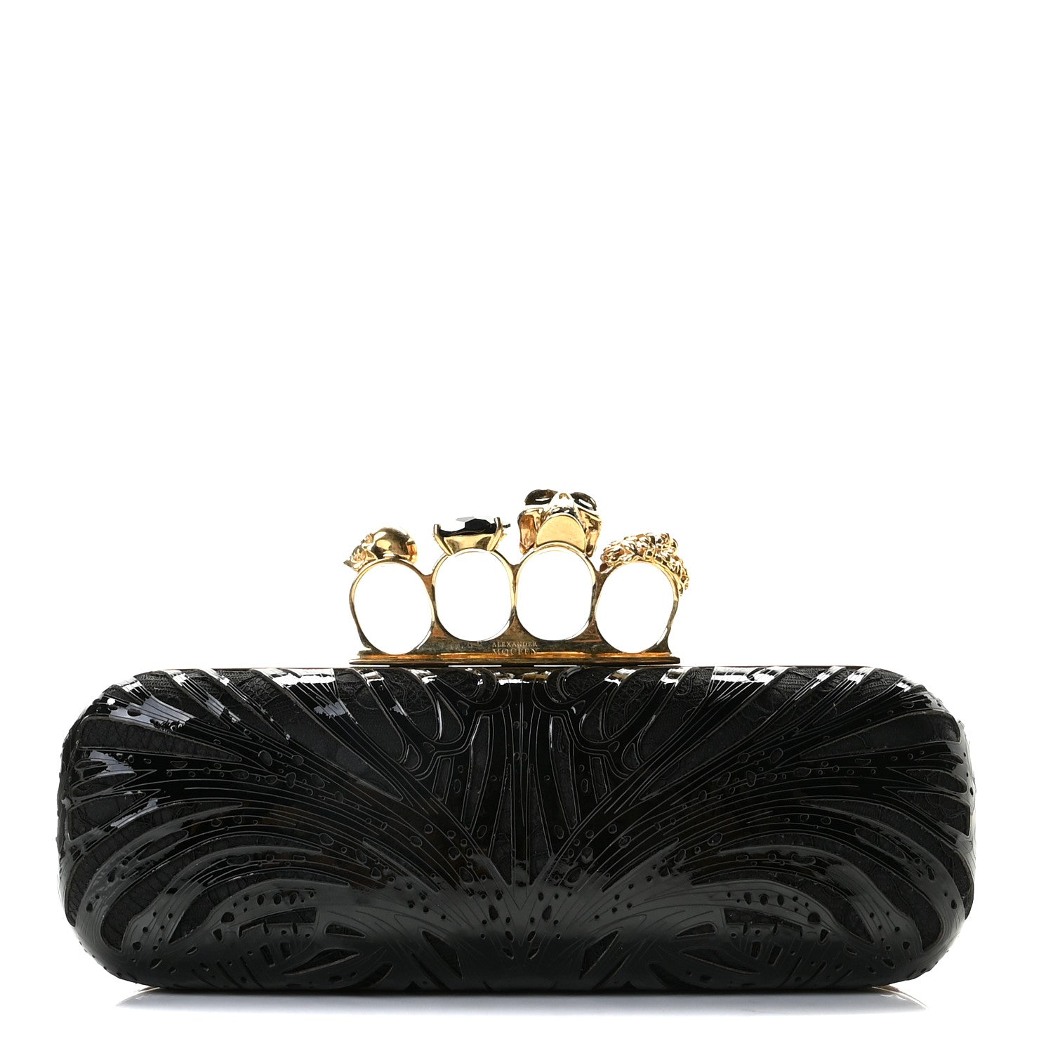 Alexander McQueen Satin Lace Patent Skull Knuckle Box Clutch Black 1 of 12