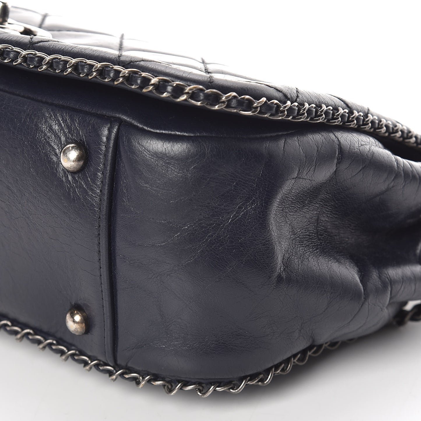Glazed Calfskin Quilted Small CC Enchained Accordion Flap Dark Navy Blue