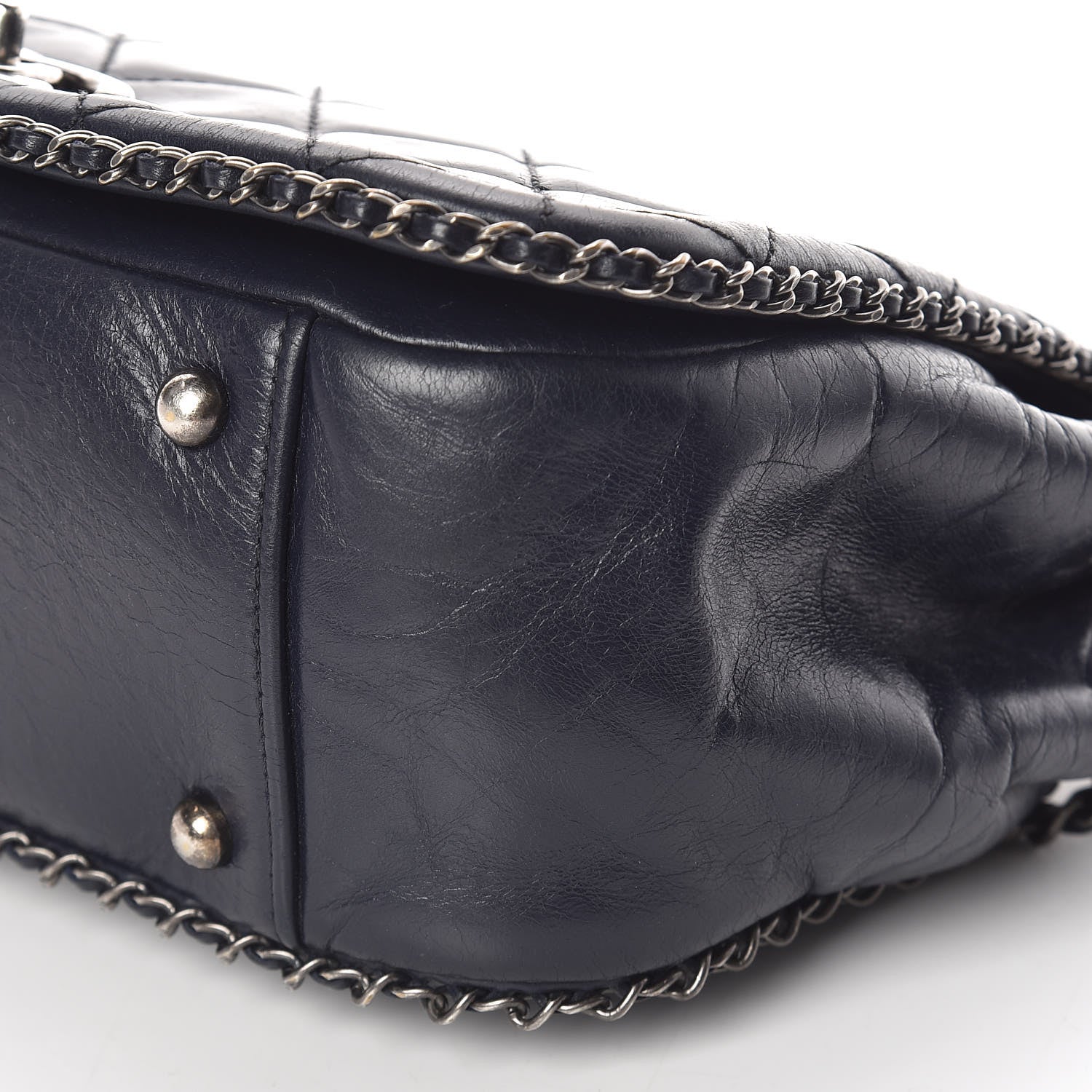 Chanel Glazed Calfskin Quilted Small CC Enchained Accordion Flap Dark Navy Blue 6 of 9
