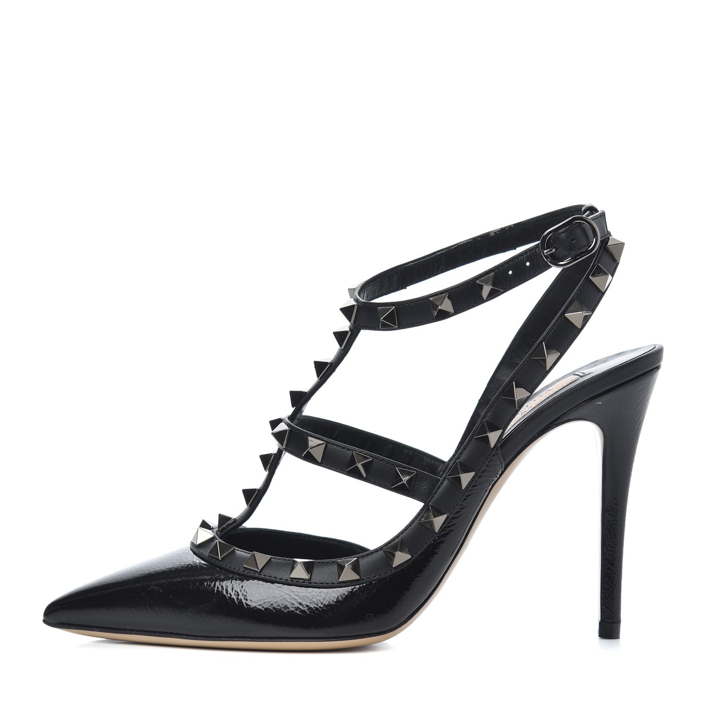 Crinkled Patent Rockstud Ankle Strap 100mm Pumps 37.5 Black