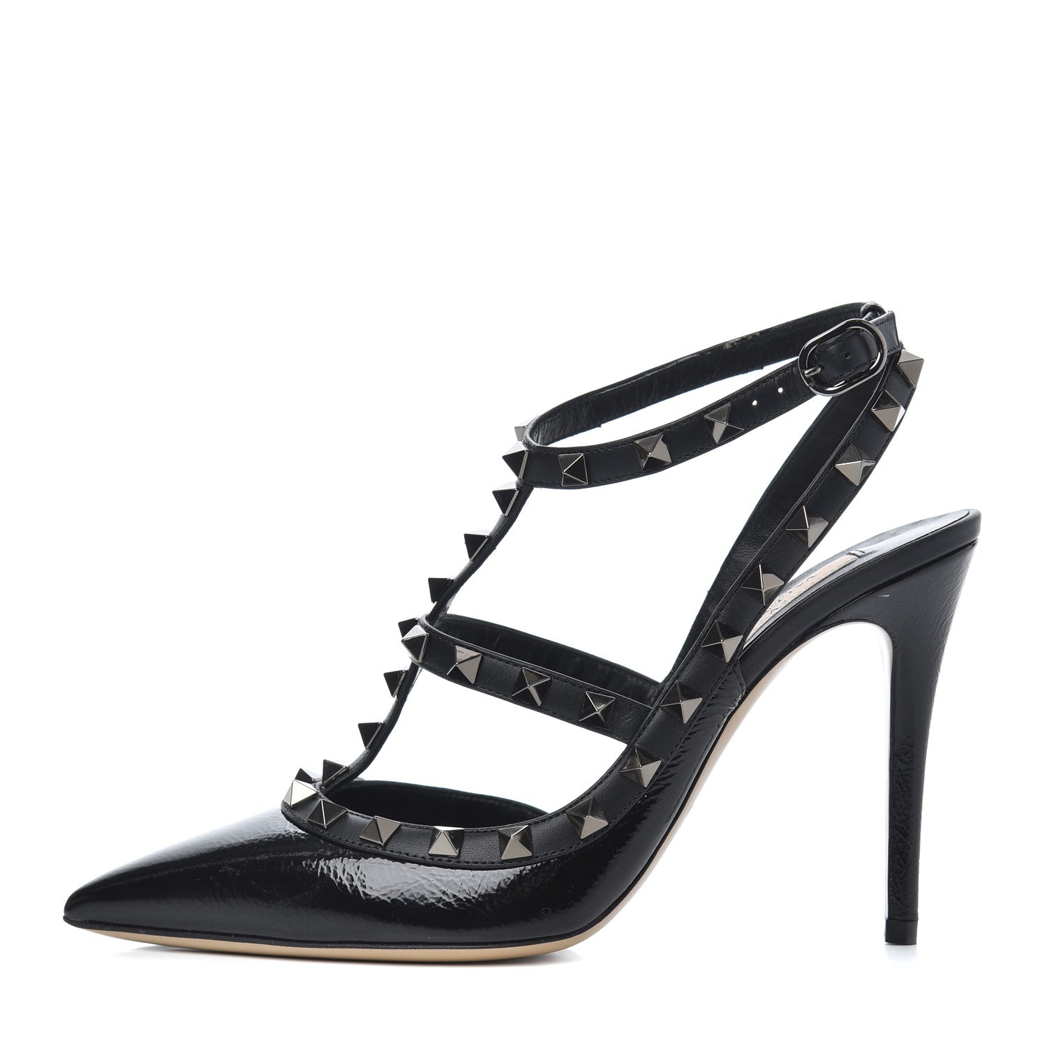Valentino Garavani Crinkled Patent Rockstud Ankle Strap 100mm Pumps 37.5 Black 1 of 11