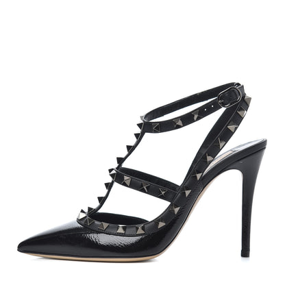 Valentino Garavani Crinkled Patent Rockstud Ankle Strap 100mm Pumps 37.5 Black 1 of 11