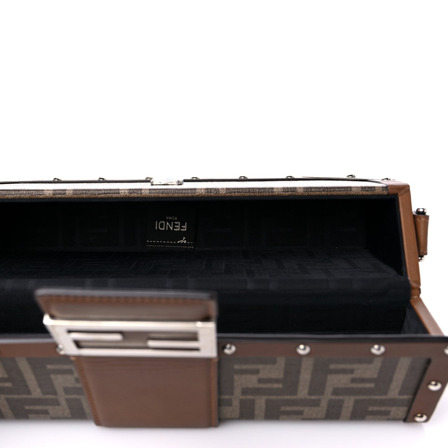 Shiny Glazed Fabric Vachetta FF 1974 Medium Baguette Trunk Mogano Panna Cuoio