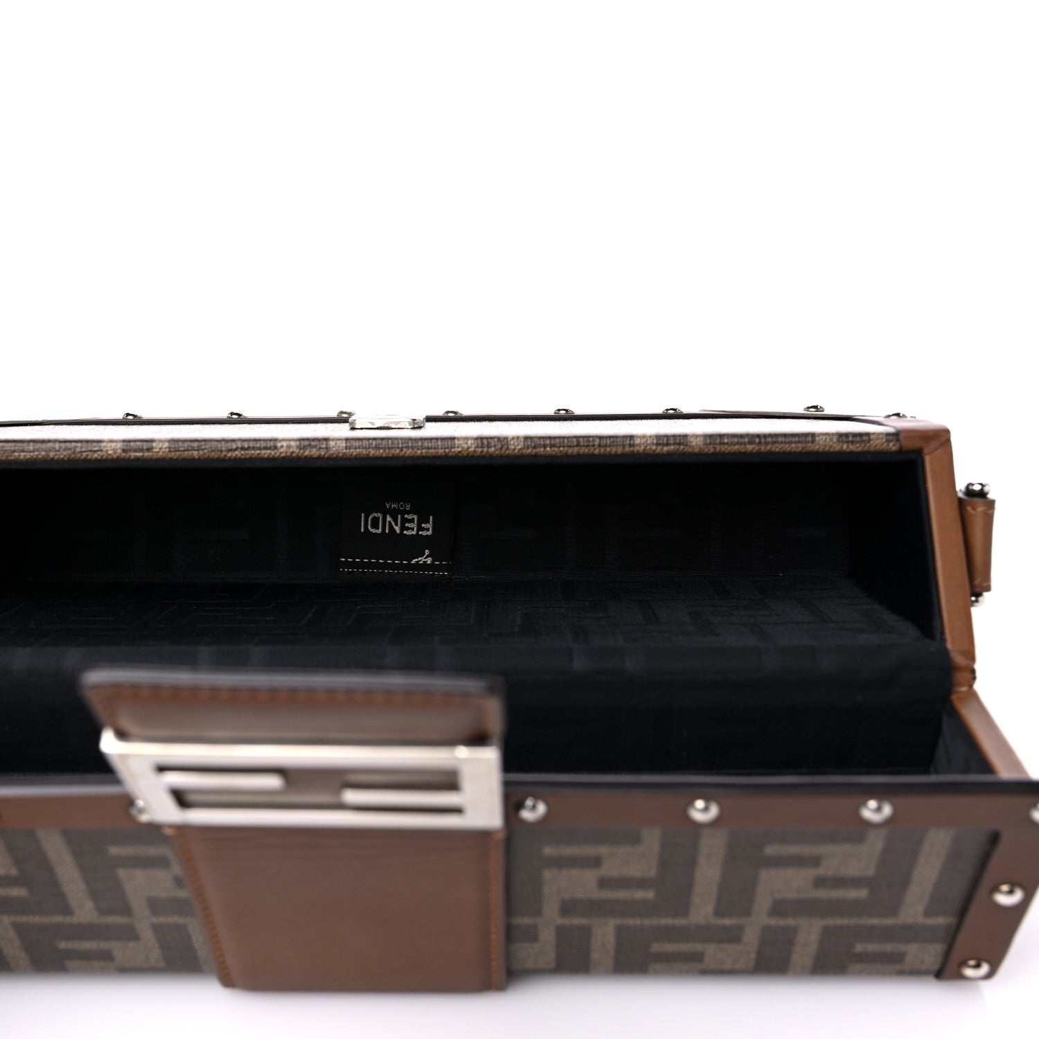 Fendi Shiny Glazed Fabric Vachetta FF 1974 Medium Baguette Trunk Mogano Panna Cuoio 5 of 13