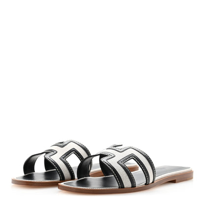 Hermes Canvas Calfskin Oran Sandals 38 Prunoir Black 4 of 10