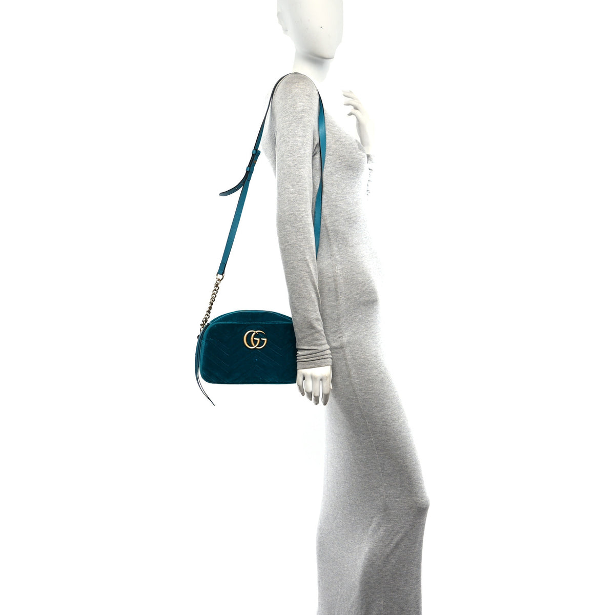 Gucci Velvet Matelasse Small GG Marmont Chain Shoulder Bag Pavone Cyan 2 of 10