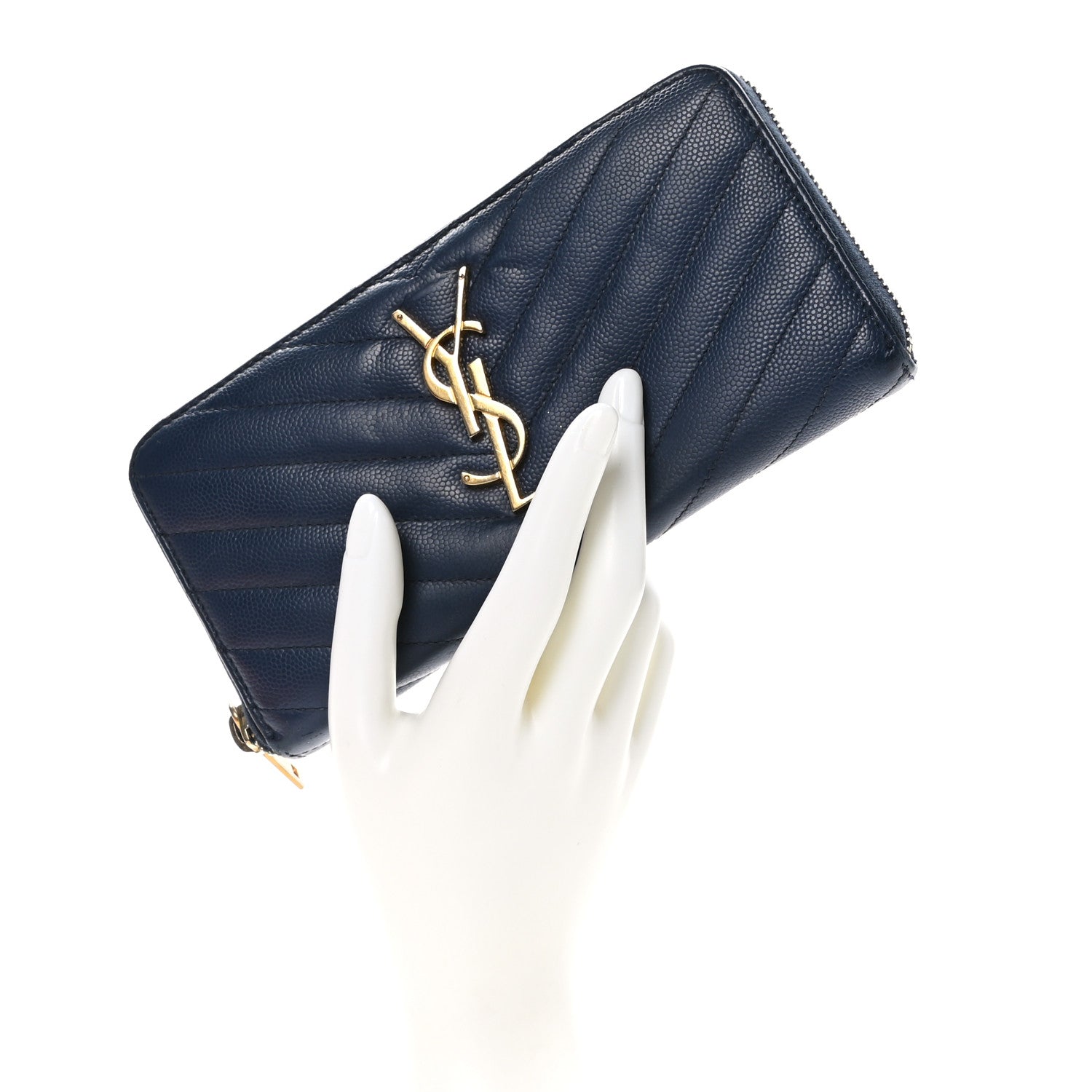 Saint Laurent Grain De Poudre Matelasse Chevron Monogram Zip Around Wallet Deep Marine 2 of 8