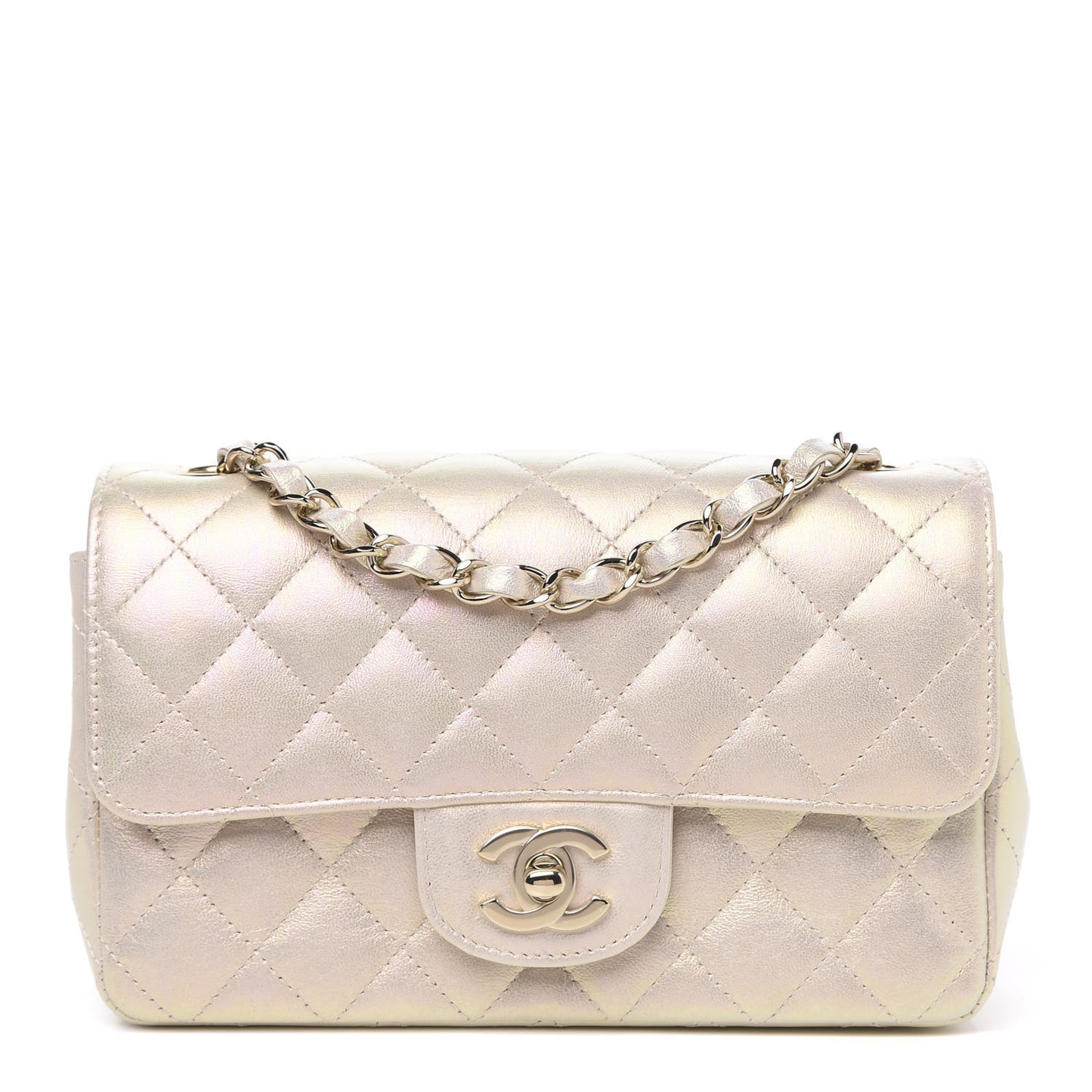 Iridescent Lambskin Quilted Mini Rectangular Flap Ivory