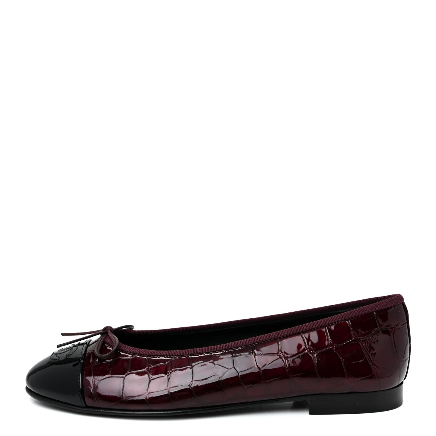 Patent Calfskin Crocodile Embossed Cap Toe CC Ballerina Flats 39.5 Dark Burgundy Black