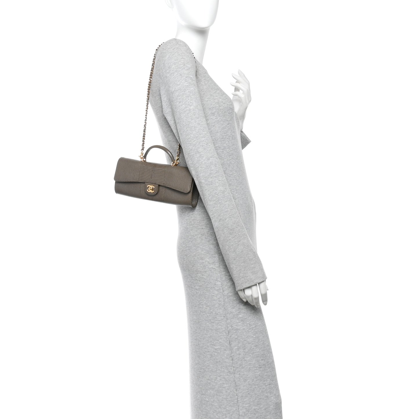 Calfskin Lizard Embossed Clutch With Chain Dark Khaki