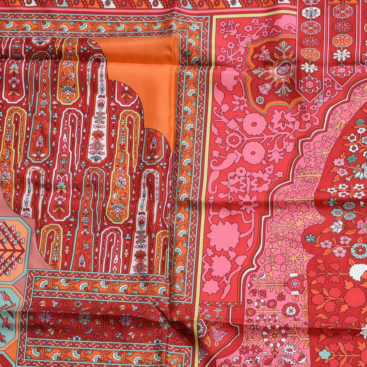 Silk Twill Tapis Persans Giant Plume Scarf 140 Framboise Turquoise Orange