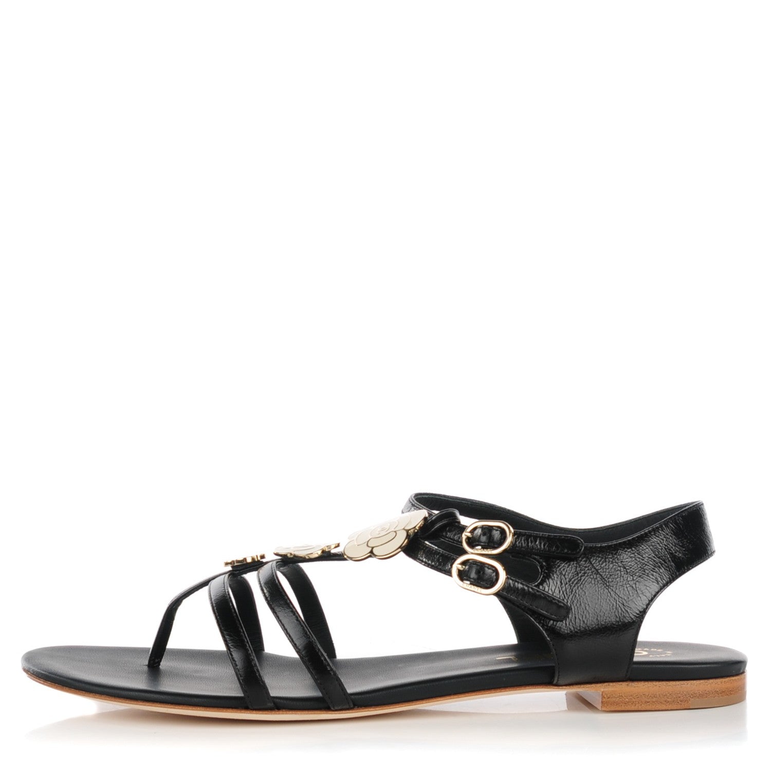 Chanel Crumpled Calfskin Enamel CC Camellia Thong Sandals 41 Black 1 of 7