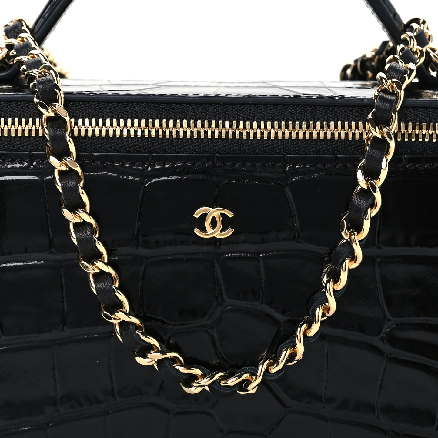 Calfskin Crocodile Embossed Exoticoco Small Top Handle Vanity Case With Chain Black