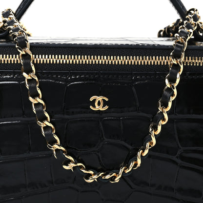 Chanel Calfskin Crocodile Embossed Exoticoco Small Top Handle Vanity Case With Chain Black 7 of 9