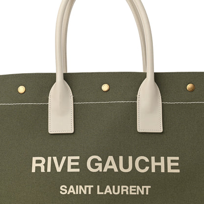Saint Laurent Linen Calfskin Small Rive Gauche Tote Military Green Blanc Vintage 8 of 10