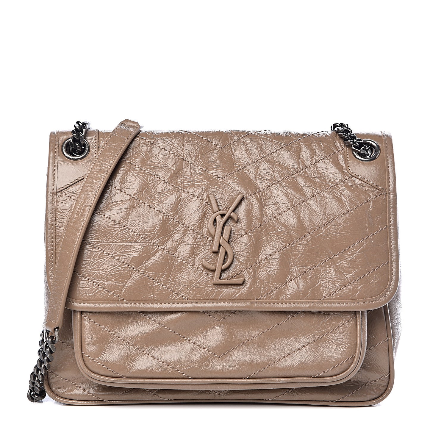 Crinkled Calfskin Matelasse Monogram Medium Niki Chain Satchel Light Taupe
