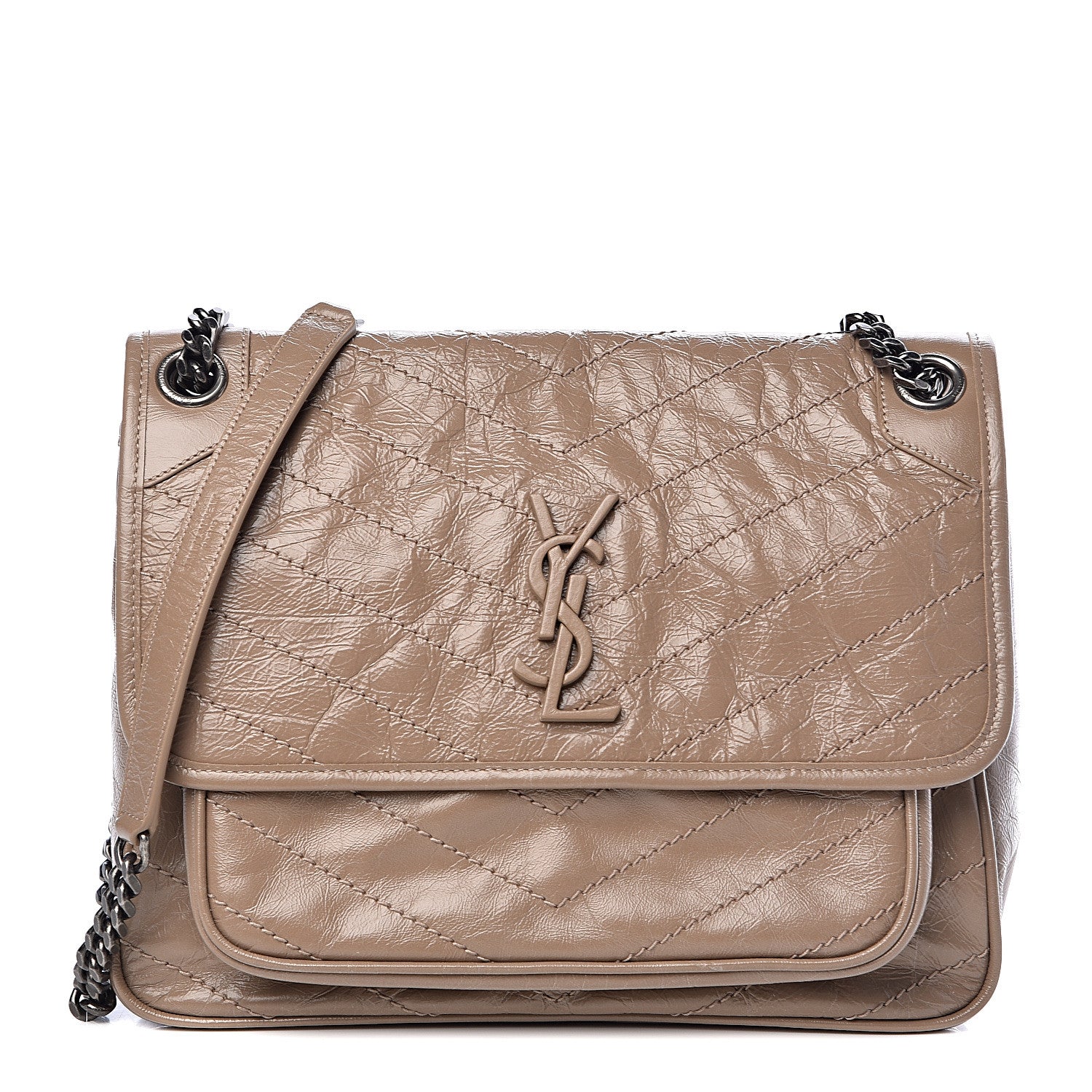 Saint Laurent Crinkled Calfskin Matelasse Monogram Medium Niki Chain Satchel Light Taupe 1 of 10