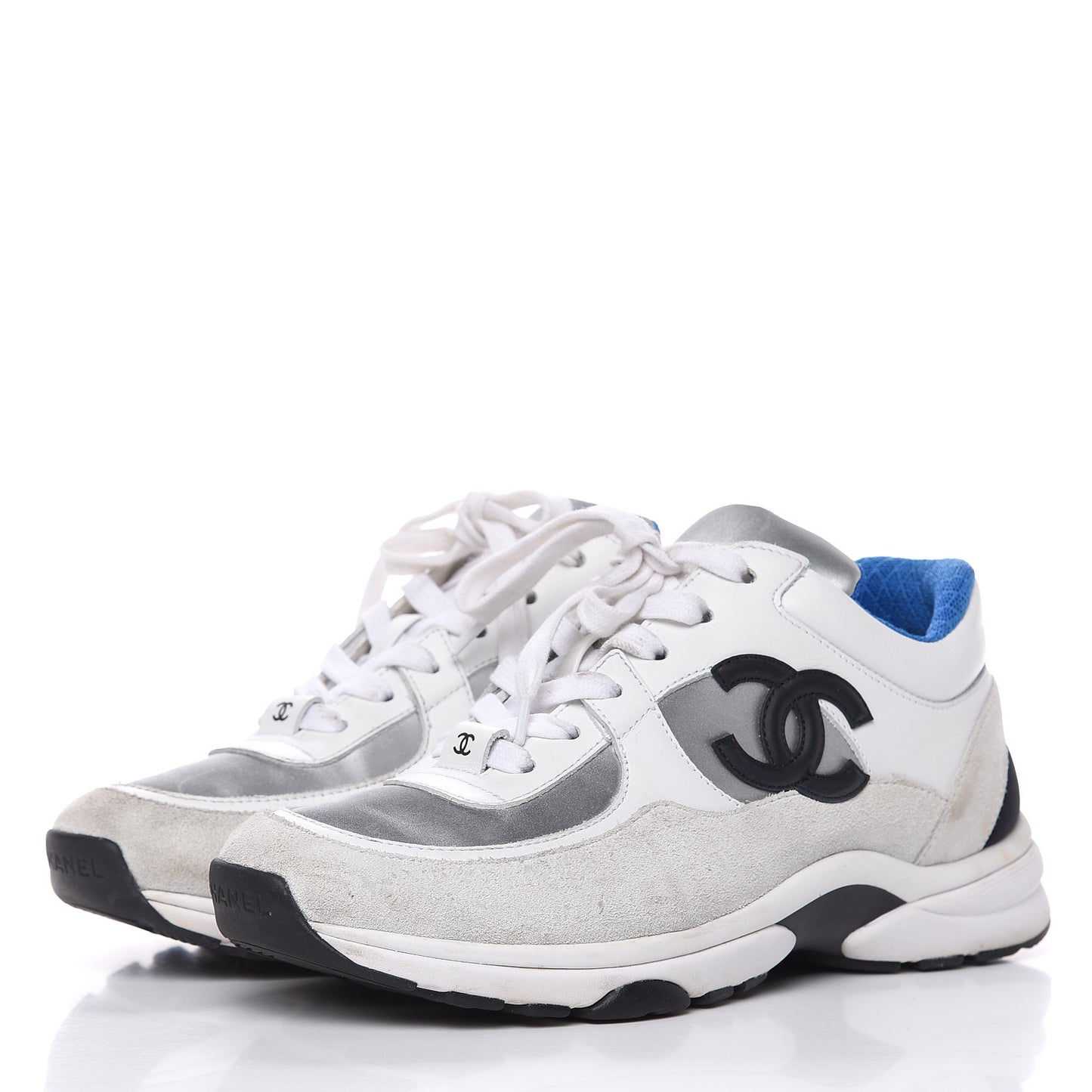 Suede Calfskin Womens CC Sneakers 37 White Silver Blue